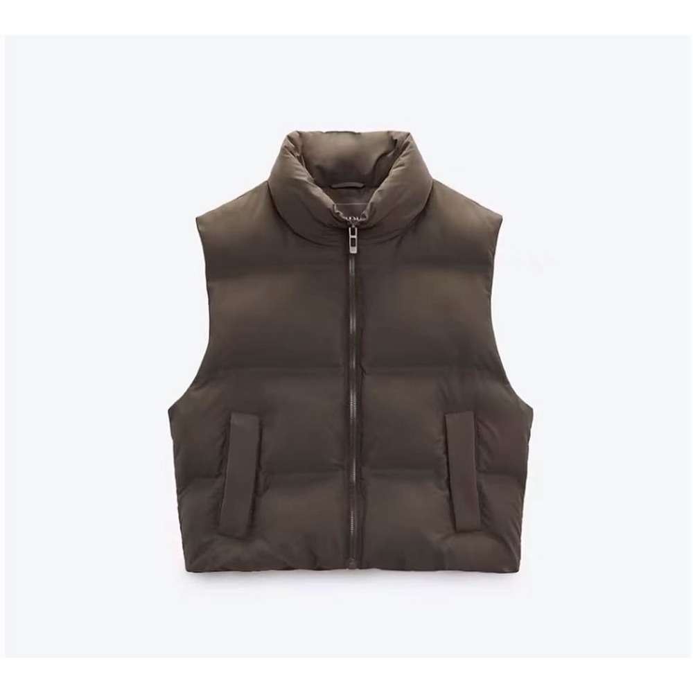 Zara Puffer Vest Womens XS Olive Brown Sleeveless Quilted Zip Up Funnel Neck‎